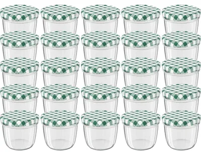 Zdjęcie produktu dla Słoiki WELLGRO, zielone w kratkę, z zakrętką - 230 ml, 8,5 x 6,5 cm (średnica x wysokość), szkło / metal, zielone zakrętki w kratkę. Numer produktu: 82. Wyprodukowano w Niemczech. Dostępne różne ilości. Ilość: 25 sztuk