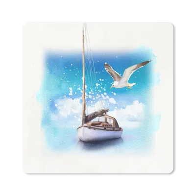 Produktbild von MuchoWow® Mauspad Mousepad Boot - Vogel - Meer - Aquarell 20x20 cm - Mousepads - Maus Mat - Pad - Mausunterlage - Desk Mat - Bureauartikeln