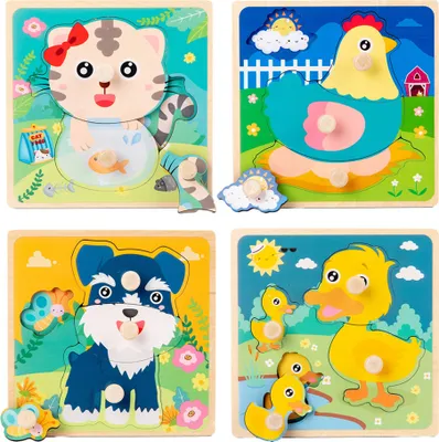 Obrázek produktu pro Sada 4 dětských dřevěných 3D puzzle s úchytem, vhodné pro děti od 1 do 2 let (slepice, pes, kočka, kachna)