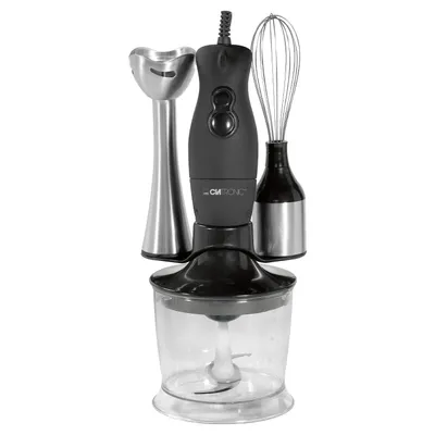 A set of kitchen appliances including a hand blender, whisk attachment, and chopper bowl, displayed on a white background.
