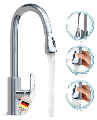 Produktbild von Küchenarmatur – 360° drehbarer Wasserhahn mit ausziehbarer Brause, Edelstahl Spültischarmatur für Hochdruck, Einhebelmischer für die Küche
