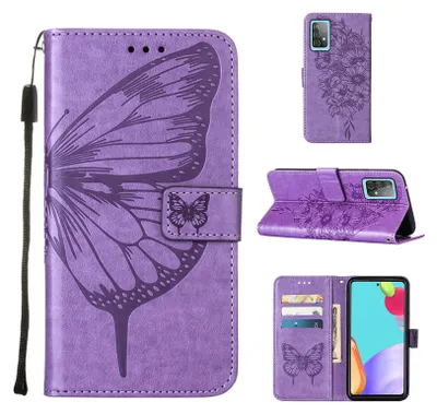 Produktbild von Galaxy A52 4G Hülle, Schmetterling Prägung Flip Leder Kartenfächer Schutzhülle Ledertasche mit Ständer für Samsung Galaxy A52 4G / 5G / A52S 5G Violett