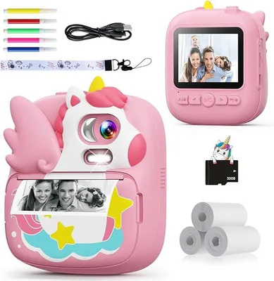 Produktbild von Kinderkamera Sofortbildkamera 2,4 Zoll mit 12MP, 1080P HD Video, 32GB Karte & Fotopapier, Einhorn Design, Sofortdruck, Geschenk für Kinder 3-12 Jahre