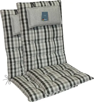 Produktbild von LILENO HOME Gartenstuhl Auflagen als [2er Set - Hochlehner] in Karo Grau - bequeme Liegen als Sitzauflagen für Gartenmöbel - Stuhlkissen für Gartenstühle und Klappstühle MAR