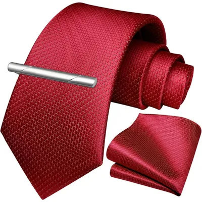 Image de Ensemble cravate et mouchoir de poche pour hommes, uni, rouge, largeur de la cravate : 8,5 cm