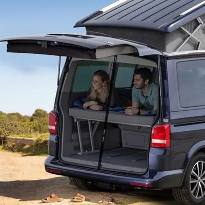 Produktbild von PromoHome® Sonnenschutz Auto Heckscheibe für VW T5 T6 - Magnetisches Schattennetz mit 3 Reißverschlüssen - Moskitonetz Kofferraumabdeckung