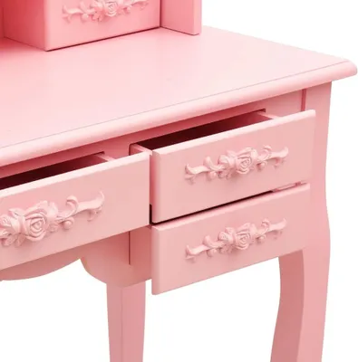 Productafbeelding van Roze kaptafel set met krukje en driespiegel van hout met zeven lades
