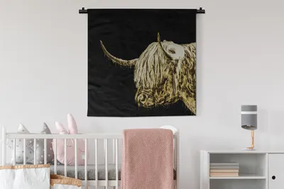 Produktbild von MuchoWow® Wandteppich Wandbehang Schottischer Highlander - Schottische Kuh - Gold 90x90 cm Tapisserie Dekoration Wandtuch - Wandaufhänger