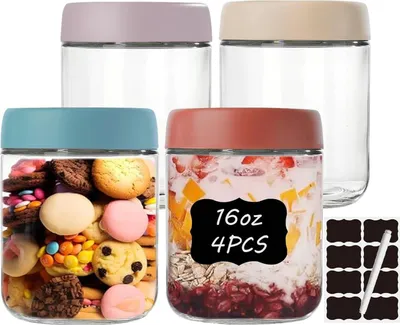 Obrázok produktu pre balenie 4 500ml zaváracích pohárov Vzduchotesné priehľadné poháre s viečkom a etiketami