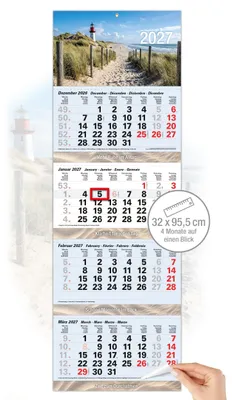 Produktbild von 4 Monatskalender 2027 Nordsee Leuchtturm Strand 32x95,5 cm Datumsschieber Metallöse maritim