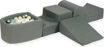 Produktbild von Schaumstoff-Spielset mit Hügel und Mikro-Bällepool – grau mit Bällebadbällen 100 Stück / Hellgold, Perlmutt, Silber, Transparent