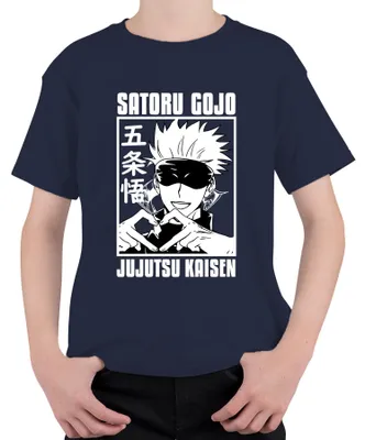Produktbild von Satoru Gojo Jujutsu Kaisen Anime Fan Geschenk Augenbinde Herzhand Kinder T-Shirt, Navy, 104