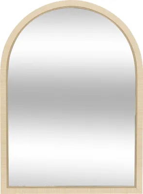A mirror with a light wood-like frame.