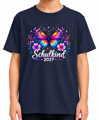 Productafbeelding van T-shirt voor schoolgaand kind, model "Vlinder", voor meisjes, voor de eerste schooldag, kleurrijk, marineblauw, maat 140