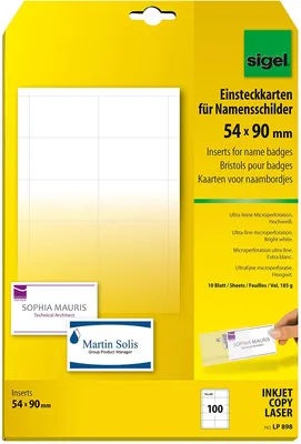 Produktbild von SIGEL LP898 PC-Einsteckkarten für Namensschilder, 54 x 90 mm, weiß, 100 Stück
