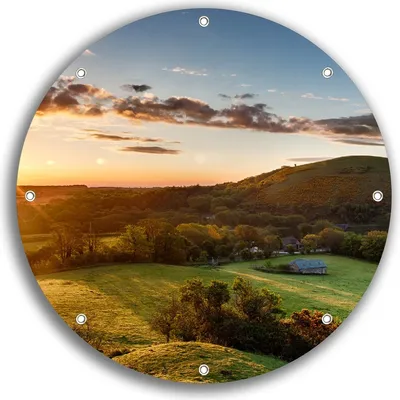 Produktbild von Wallario rundes Outdoor-Poster für Garten oder Balkon, Motiv Schlosspanorama in England bei Sonnenaufgang, 30 cm Durchmesser