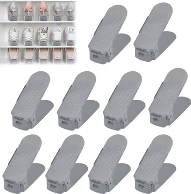 Produktbild von UISEBRT 10er Verstellbarer Schuhregale Set Rutschfest Schuhstapler 3 Höhenverstellbar Schuhaufbewahrung Schuhorganizer 10 Stück Grau