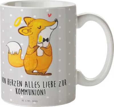 Produktbild von Mr. & Mrs. Panda Kaffeebecher Fuchs Kommunion - Grau Pastell - Geschenk, Tasse, Gott, Keramiktasse, Pott, Teetasse, Gläubig, Kaffeetasse, Glauben, Liebe