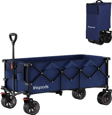 Produktbild von LifeGoods Bollerwagen XXL Faltbar - 300 l Fassungsvermögen - bis 150 kg belastbar - 97 x 123 x 57 cm - Offroad-Räder mit Bremse und Schutzhülle – Camping- und Strandwagen, Blau