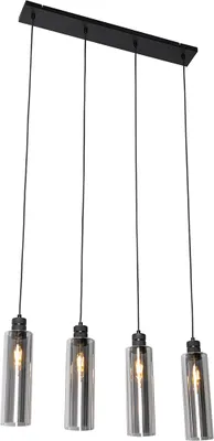 Produktbild von QAZQA - Moderne Hängelampe I Pendellampe I Pendelleuchte schwarz mit Rauchglas 4-flammig - Stavelot I Wohnzimmer I Schlafzimmer - Länglich - LED geeignet E27