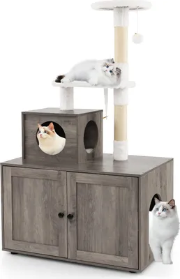 Produktbild von GOPLUS Katzenbaum mit Katzentoiletten, 2-in-1 Moderner Kratzbaum mit Katzenhaus, Kuscheliger Plattform, Sisal-Kratzpfosten, Grau