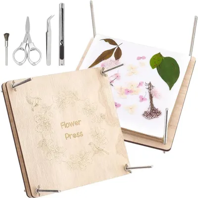 Produktbild von Omgoods - Blumenpresse, 24,6 x 24,6 cm - Komplettes Set - 8-lagige Blumenpresse - Holz-Pressplatten - Trennpapier - Leicht und einfach zu bedienen