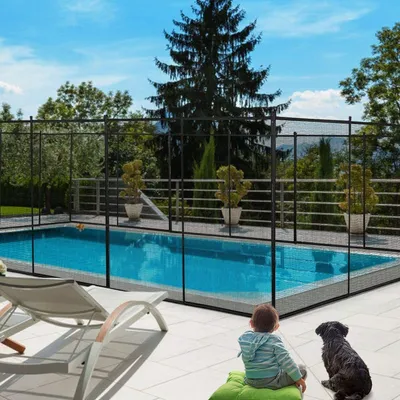 A fenced swimming pool area with a baby and a dog sitting on the patio.