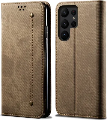 Immagine prodotto di Custodia per Samsung Galaxy S23 Ultra, Custodia a portafoglio in pelle con chiusura magnetica e supporto Khaki