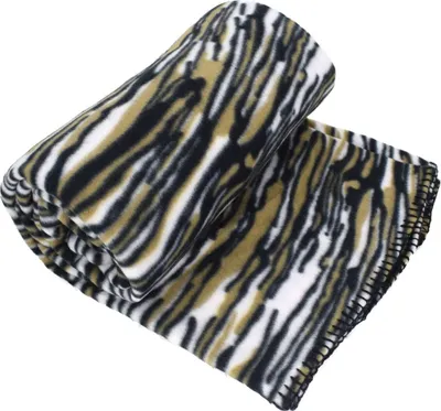 A rolled-up fleece blanket with a wild cat pattern.