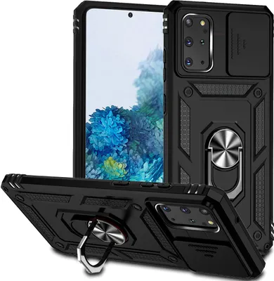 Immagine prodotto di Custodia per Samsung Galaxy S20 Plus a doppio strato con copertura scorrevole della fotocamera e supporto ad anello nero