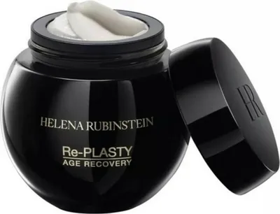 A black jar of Helena Rubinstein Re-Plasty Age Recovery night cream with the lid open.