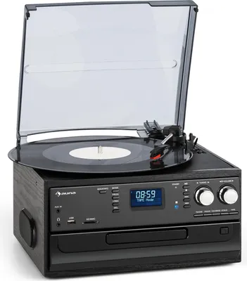 Image de Auna Platine Vinyle Bluetooth, Tourne Disque Vinyle CD Bluetooth avec Haut parleur, Tourne-disques Audio Vinyle 33 tours, Chaine Hifi avec Platine Vinyle, Lecteur Vinyles Vintage, Platine Vinyle Rétro