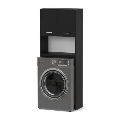 A black cabinet with two doors sits above a gray washing machine.