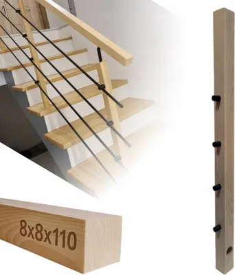 Immagine prodotto di Legno squadrato - Palo di legno - per ringhiere - 8x8x110 cm - Legno di faggio - Kit di montaggio completo - Maniglie di passaggio per tubi ⌀ 12mm