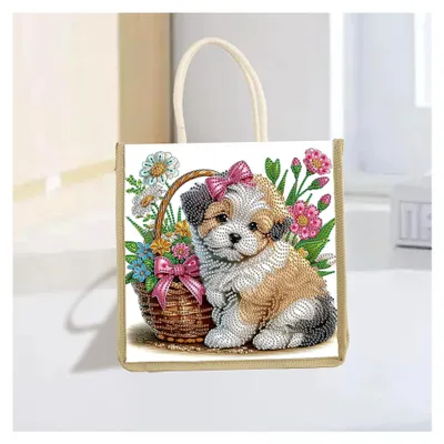 Produktbild von Diamant Malerei Laptoptasche Damen 26x26cm Leichte Aktentasche Arbeitstasche Handtasche Elegante Business Shopper Tasche Lehrertasche für Büro Hund Blumen