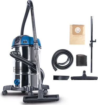 A wet and dry vacuum cleaner and its accessories are displayed against a white background.