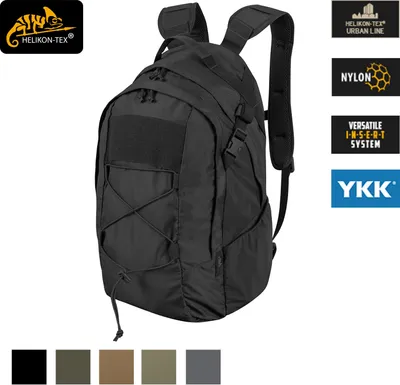 A black backpack is shown from the front, with several color swatches at the bottom. Logos and text are present on the right side.