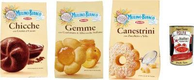 Produktbild von Mulino Bianco Testpaket Kekse Canestrini - Gemme - Chicche, cookies biskuits 3x200g + Italian Gourmet polpa 400g