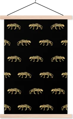 Produktbild von MuchoWow® Textilposter Panther - Muster - Gold 120x180 cm mit holzfarbenen Rahmen - Textil-Plakat