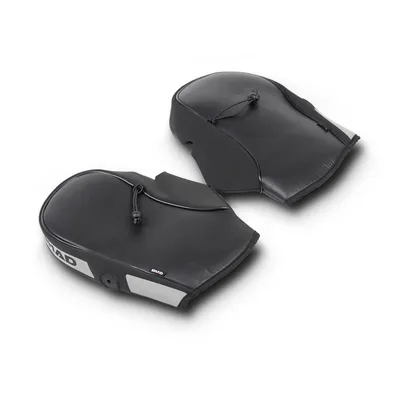 Two black motorcycle hand warmers are shown on a white background.