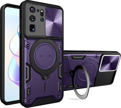 Produktbild von Handyhülle für Samsung Galaxy S20 Ultra Dual-Layer Stoßfest Rüstung Hülle mit Dia Kameraschutz und Kreisförmig Ring Ständer Lila