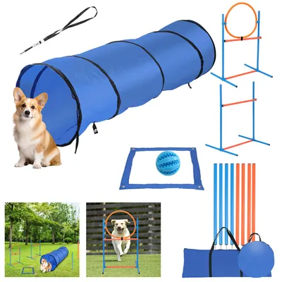 Produktbild von ISOISL Hunde Agility Set mit Tunnel 170x55 cm, 8 Slalomstangen, Hürde,Sprungring, Pausenfeld und 2 Tragetaschen