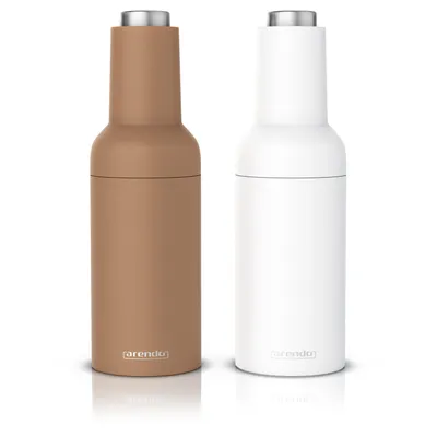 Produktbild von Arendo - Salz und Pfeffermühle elektrisch, 2er Set, einhändiger Betrieb, mahlt automatisch beim Kippen, Batteriebetrieben, Gewürzmühle Keramikmahlwerk, Mahlgrade stufenlos einstellbar, weiß, beige