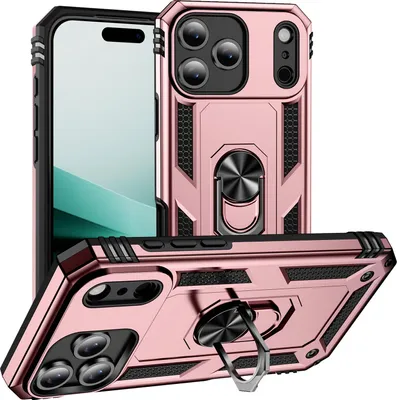 Produktbild von Schutzhülle für iPhone 17 Pro Max Dual Layer Robust Militäre Fallschutz Hülle mit Ringhalterung Ständer Roségold
