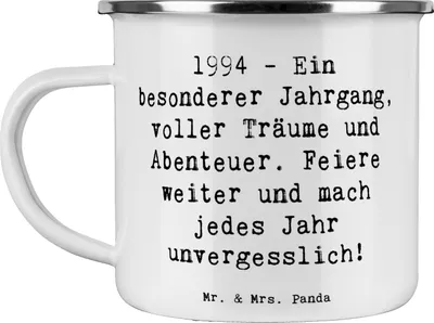 Produktbild von Mr. & Mrs. Panda Teetasse Spruch 1994 Geburtstag - Weiß - Geschenk, Haferl, unvergesslich, lebensfroh, Happy Birthday, 1994er, Emaille Tasse, Blechtasse, Glückwunsch