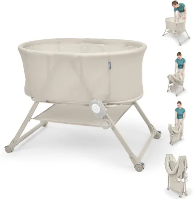 Produktbild von Leicht zusammenklappbarer Stubenwagen mit Klängen, Licht und Vibration, tragbarer Baby-Stubenwagen mit Einhand-Klappmechanismus, Netzseiten, Ablagefach und Rollen
