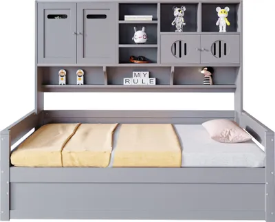 Produktbild von Merax Tagesbett Holz-Sofabett 90x200, hydraulisches Stauraumbett mit Regal, Schrank und Ablagefach, Multifunktionsbett Kinderbett aus Massivholz, Grau