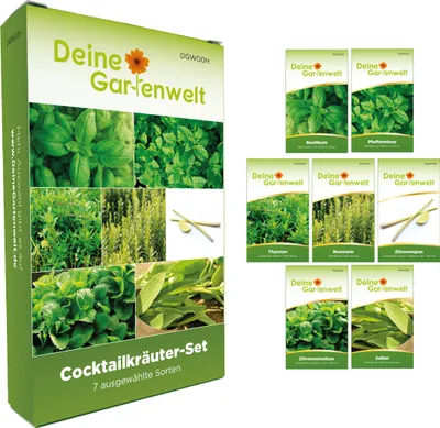 Produktbild von Cocktailkräutersamen Set - 7 Sorten Samen - Saatgut Sortiment - Anzuchtset für Kräuter - Geschenkset - Basilikum, Pfefferminze, Zitronengras, Zitronenmelisse und mehr