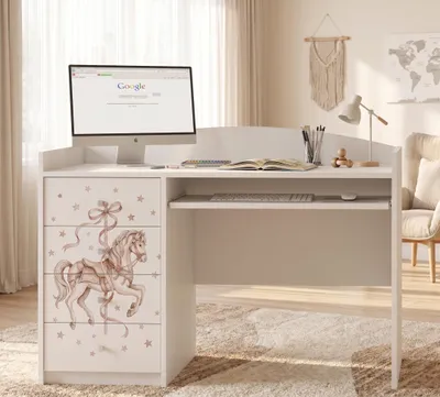 Immagine prodotto di Scrivania per bambini, scrivania per studenti, bianca, con 4 cassetti | Ampia scrivania per ragazze e ragazzi | Design accattivante con motivo decorativo, Immagine generata dall'IA