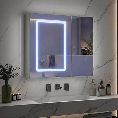 Immagine prodotto di Mobiletti bagno a specchio bianco, 70x60x13,5 cm – Mobiletti bagno a specchio con doppio vano, illuminazione LED, controllo touch, funzione antiappannamento e ripiani in vetro regolabili in altezza